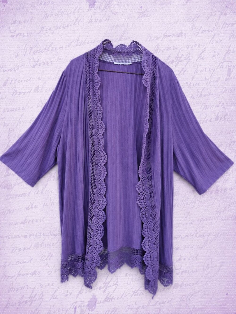 Roaman's Crochet Trim Pointelle Purple Cardigan - XL